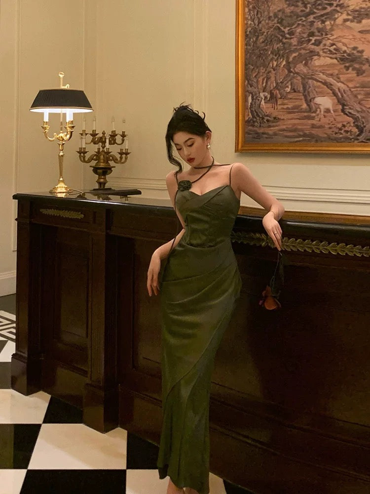 Vintage Sheath Spaghetti Straps Green Satin Long Prom Dresses Evening Gowns