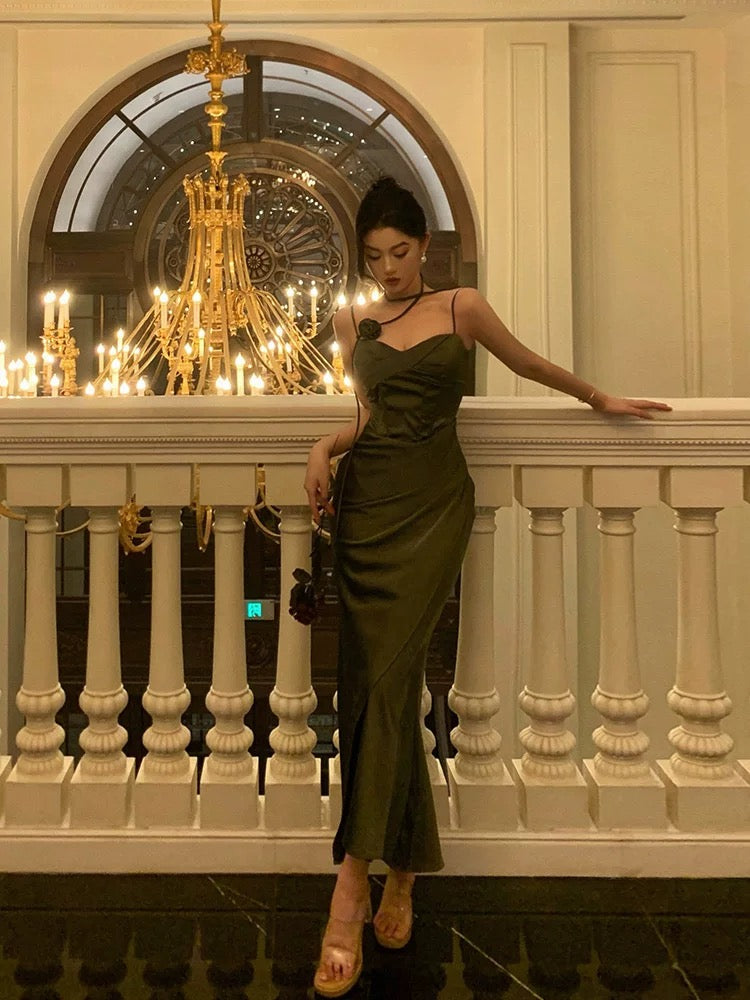 Vintage Sheath Spaghetti Straps Green Satin Long Prom Dresses Evening Gowns