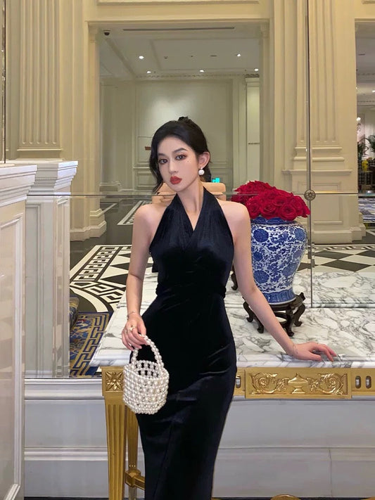 Vintage Sheath V neckline Black Velvet Long Prom Dresses Evening Gowns