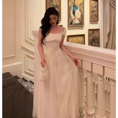 Vintage A line Spaghetti Straps Ivory Satin Prom Dresses Evening Gowns