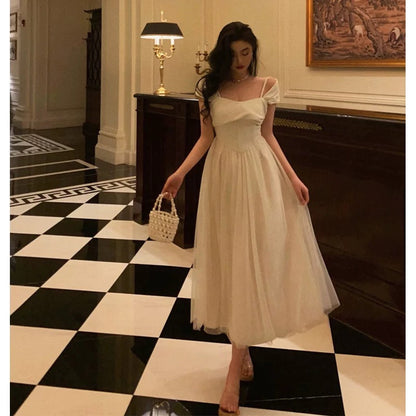 Vintage A line Spaghetti Straps Ivory Satin Prom Dresses Evening Gowns