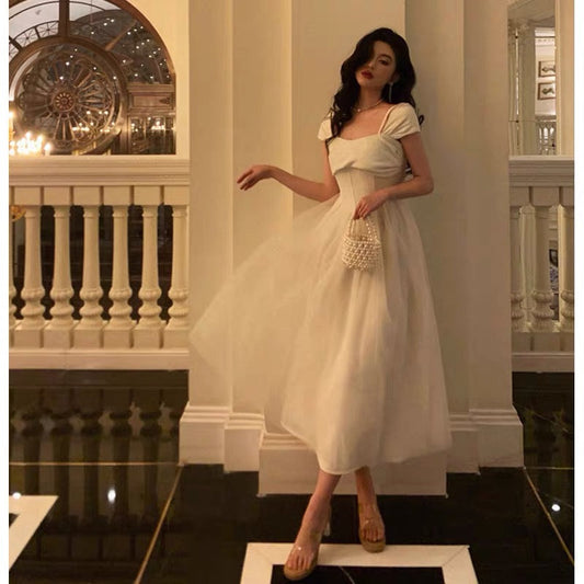 Vintage A line Spaghetti Straps Ivory Satin Prom Dresses Evening Gowns
