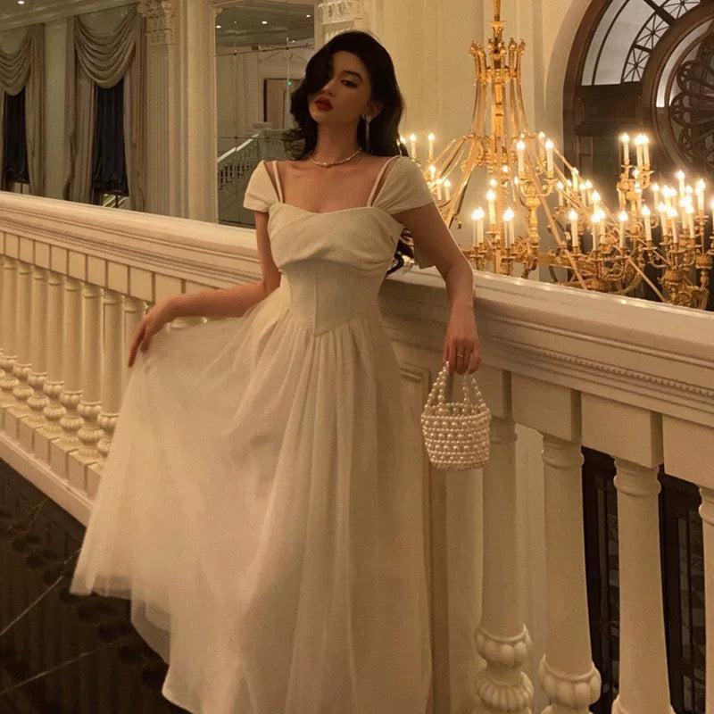 Vintage A line Spaghetti Straps Ivory Satin Prom Dresses Evening Gowns