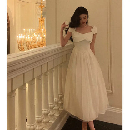 Vintage A line Spaghetti Straps Ivory Satin Prom Dresses Evening Gowns