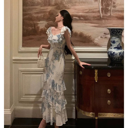 Sexy French Sheath Blue Floral Ruffles Prom Dresses Birthday Outfits Evening Gown