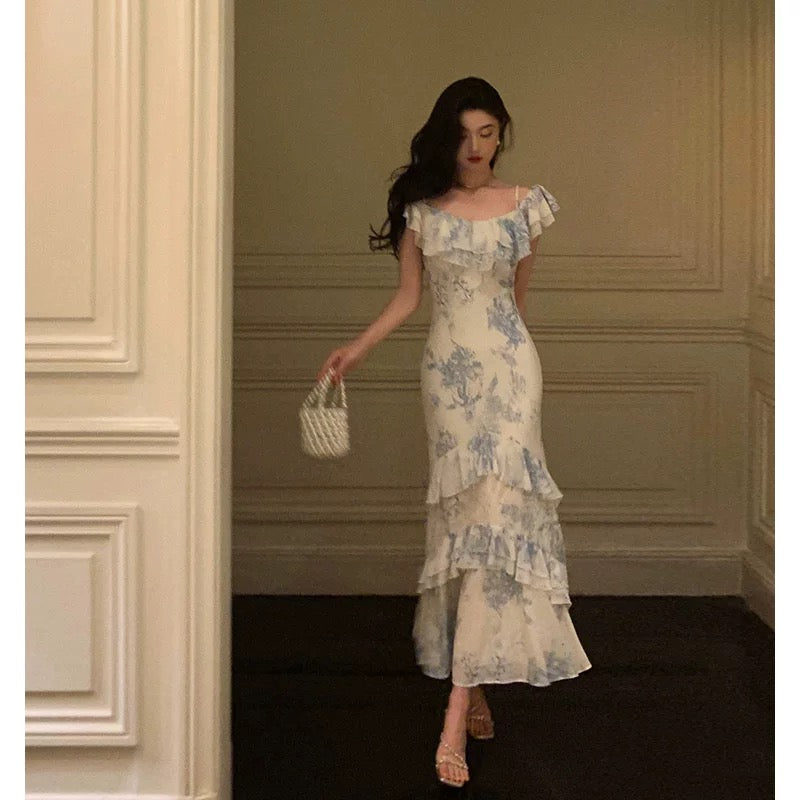 Sexy French Sheath Blue Floral Ruffles Prom Dresses Birthday Outfits Evening Gown