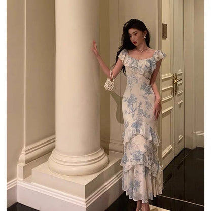 Sexy French Sheath Blue Floral Ruffles Prom Dresses Birthday Outfits Evening Gown