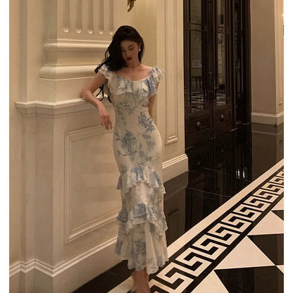 Sexy French Sheath Blue Floral Ruffles Prom Dresses Birthday Outfits Evening Gown