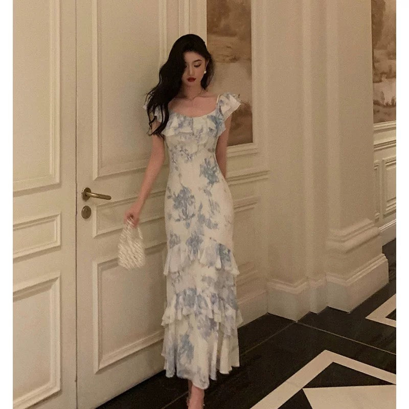 Sexy French Sheath Blue Floral Ruffles Prom Dresses Birthday Outfits Evening Gown