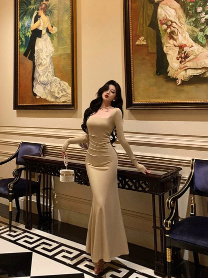 Sexy Sheath Square Neckline Long Prom Dresses Birthday Outfits Evening Gown