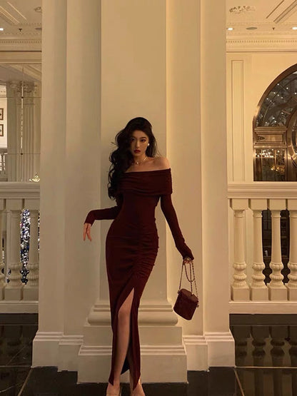 Sexy French Sheath Off The Shoulder Burgundy Split Prom Dresses Birthday Outfits Evening Gown