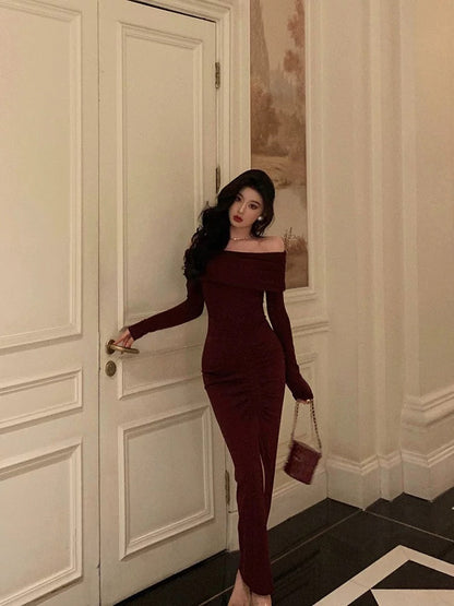Sexy French Sheath Off The Shoulder Burgundy Split Prom Dresses Birthday Outfits Evening Gown