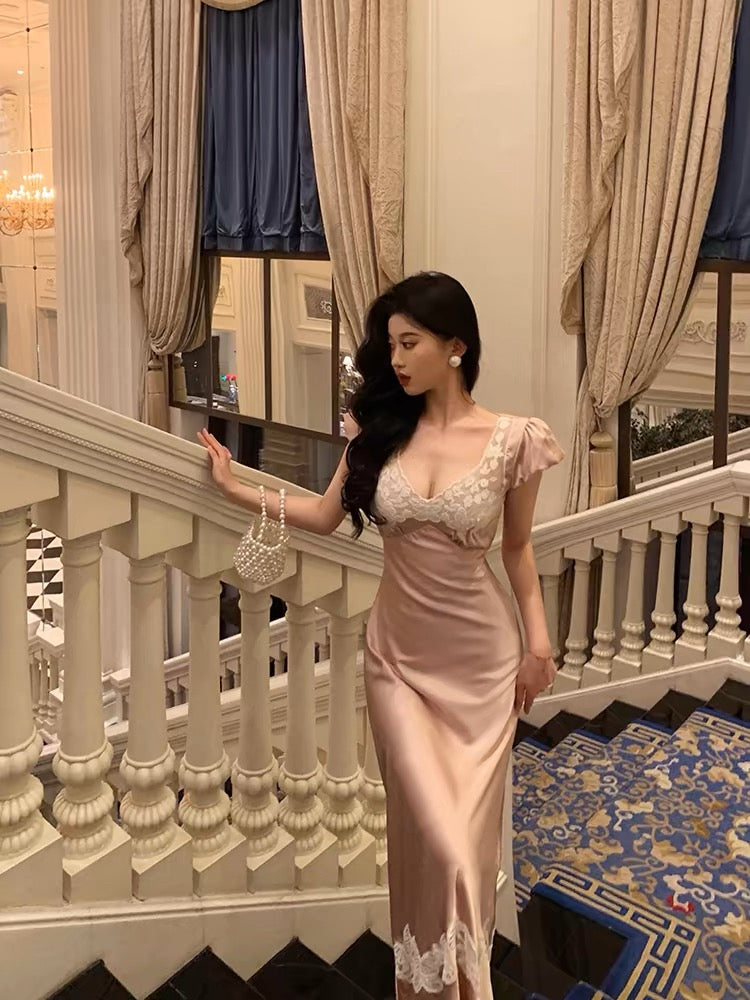Sexy French Sheath V Neckline Long Pink Prom Dresses Birthday Outfits Evening Gown