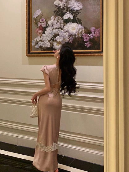 Sexy French Sheath V Neckline Long Pink Prom Dresses Birthday Outfits Evening Gown