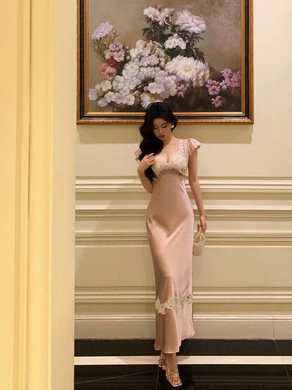 Sexy French Sheath V Neckline Long Pink Prom Dresses Birthday Outfits Evening Gown