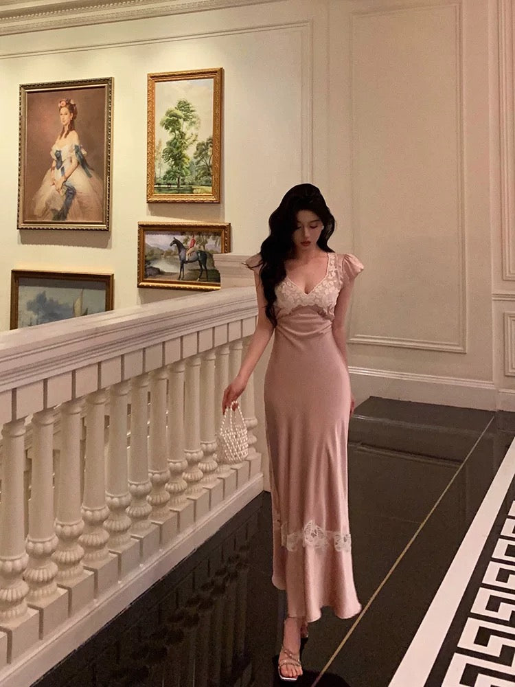Sexy French Sheath V Neckline Long Pink Prom Dresses Birthday Outfits Evening Gown