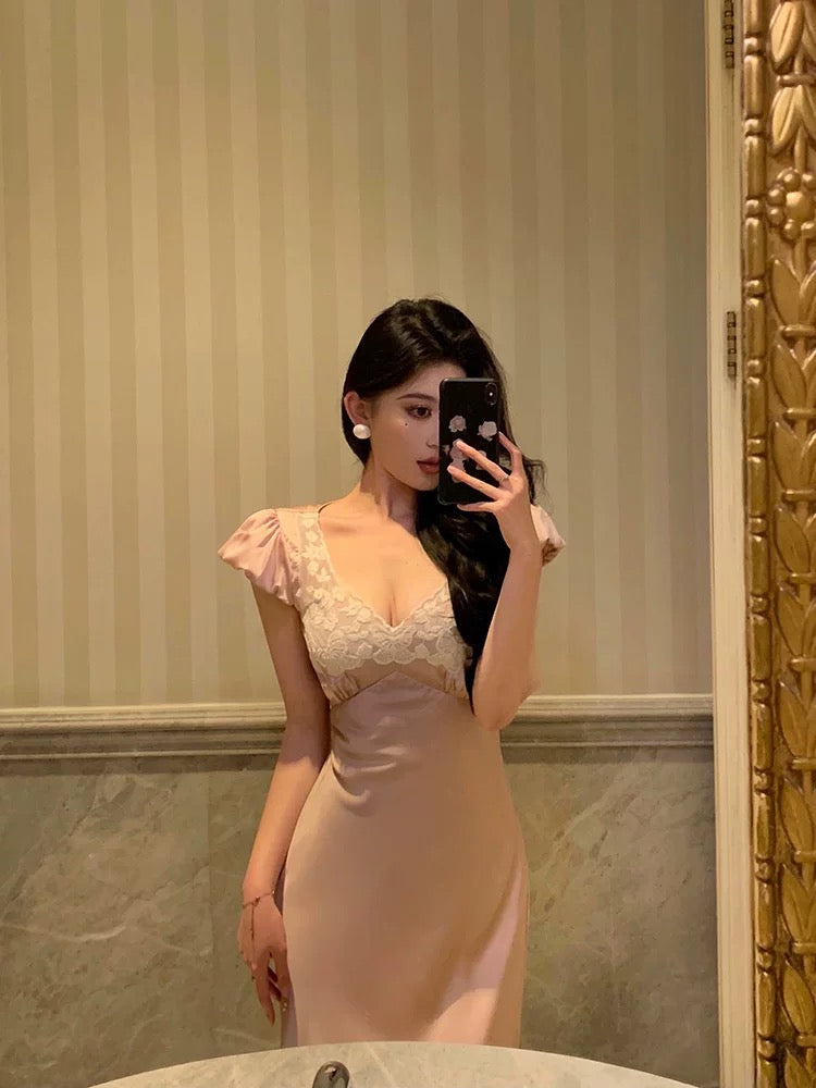 Sexy French Sheath V Neckline Long Pink Prom Dresses Birthday Outfits Evening Gown