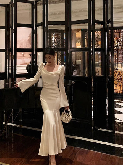 Sexy French Sheath Square Neckline Ivory Long Sleeves Prom Dresses Birthday Outfits Evening Gown