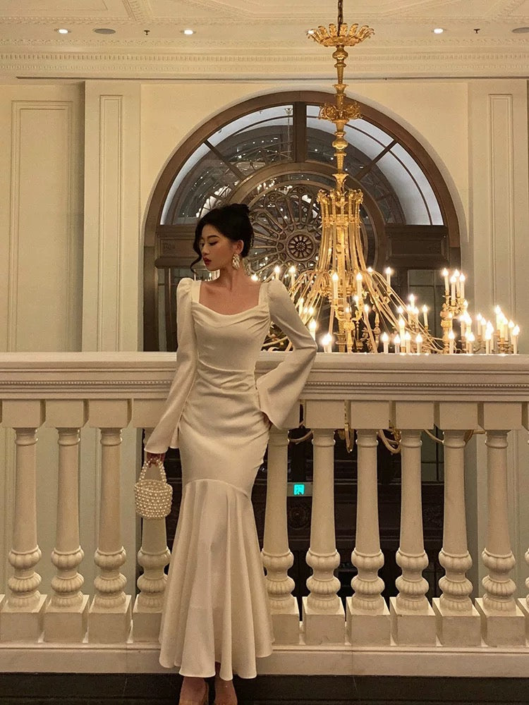 Sexy French Sheath Square Neckline Ivory Long Sleeves Prom Dresses Birthday Outfits Evening Gown