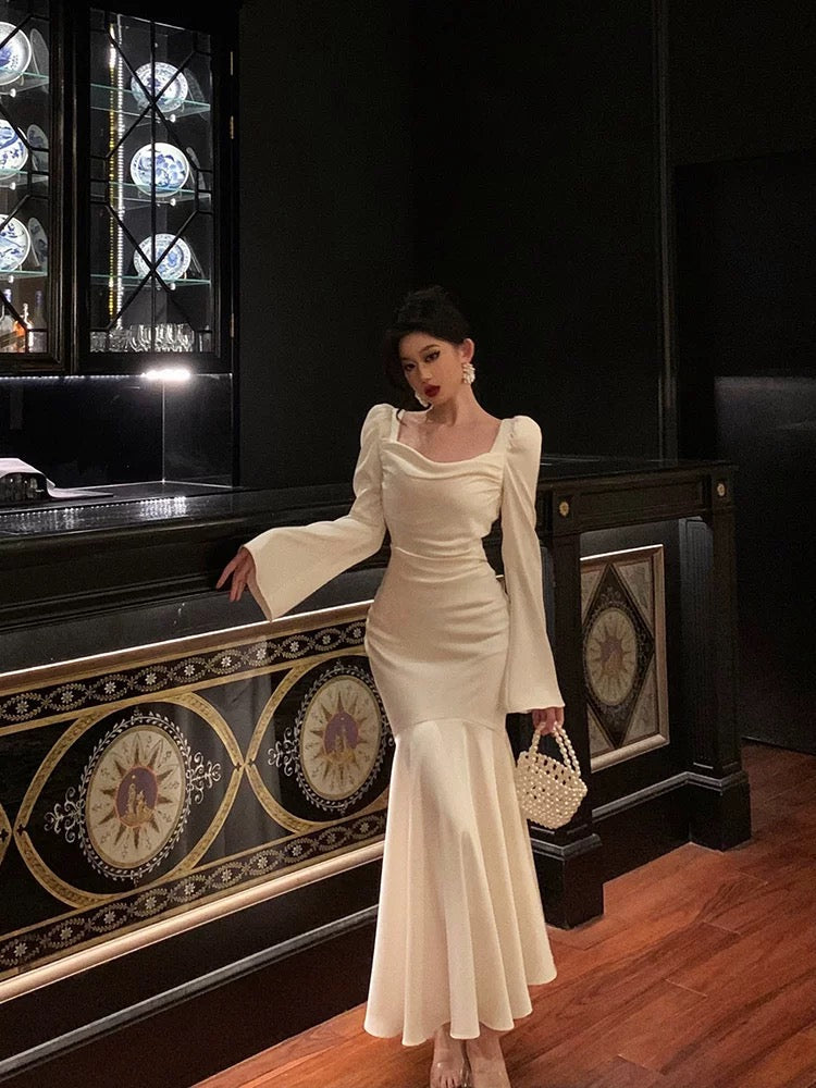 Sexy French Sheath Square Neckline Ivory Long Sleeves Prom Dresses Birthday Outfits Evening Gown