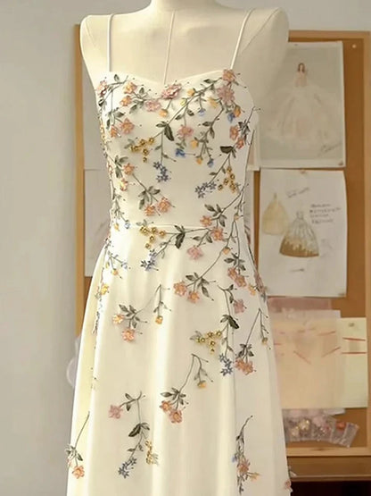 Vintage Beige Spaghetti Strap Floral Applique Design Elegant A-Line Evening Dress Prom Dress TP4107