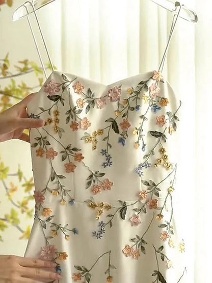 Vintage Beige Spaghetti Strap Floral Applique Design Elegant A-Line Evening Dress Prom Dress TP4107