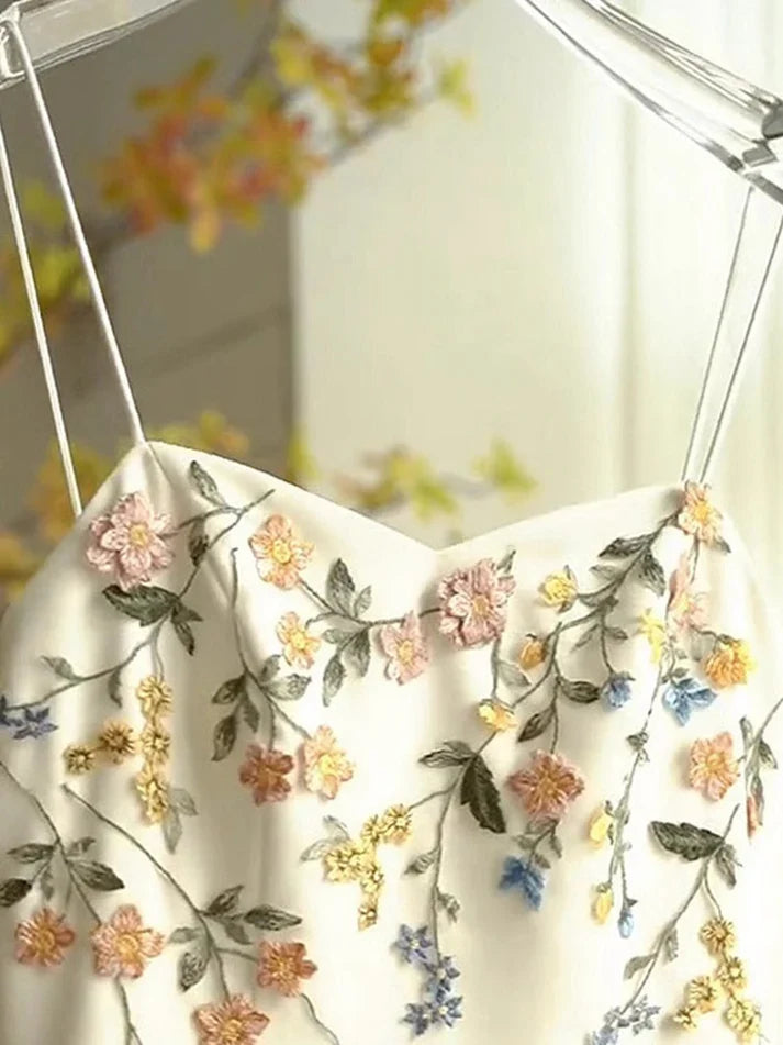 Vintage Beige Spaghetti Strap Floral Applique Design Elegant A-Line Evening Dress Prom Dress TP4107