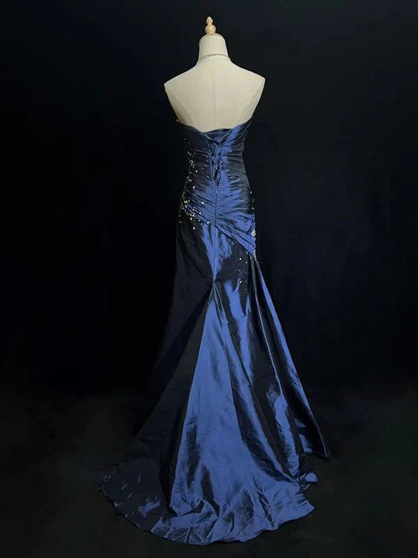 Blue Vintage Fashion Exquisite Beading Long Satin Floor Length Ball Gown Evening Dress gh3636