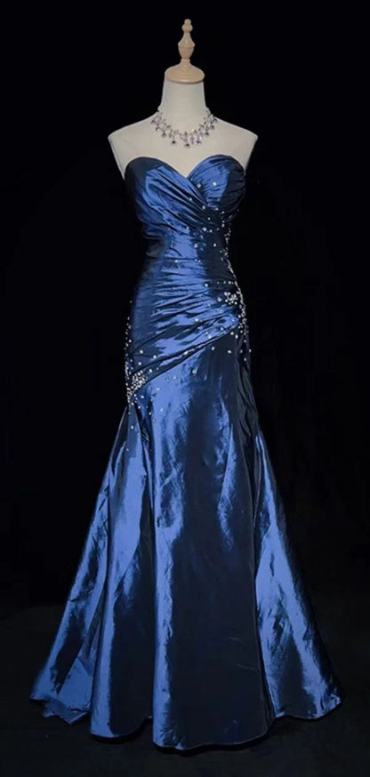 Blue Vintage Fashion Exquisite Beading Long Satin Floor Length Ball Gown Evening Dress gh3636