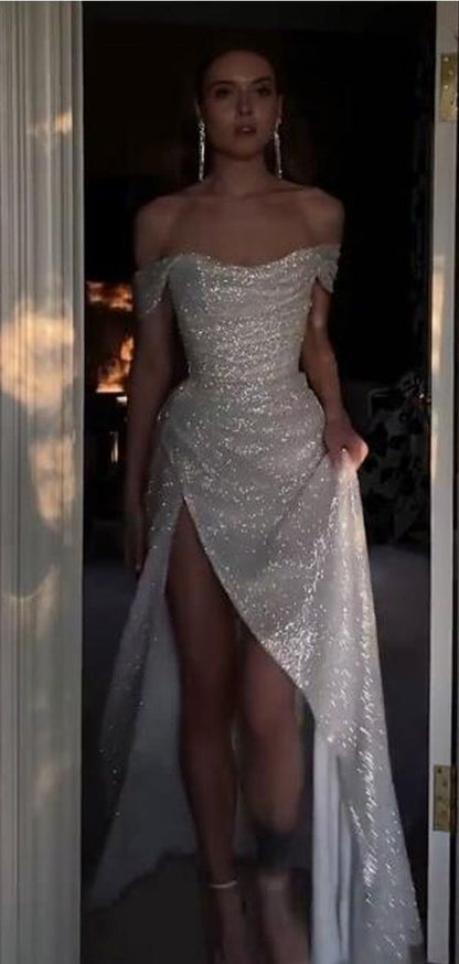 Vintage Sheath Off The Shoulder Sequin Slit Long Prom Dresses Evening Gown Formal Party Dress With Ruffles