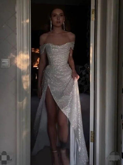 Vintage Sheath Off The Shoulder Sequin Slit Long Prom Dresses Evening Gown Formal Party Dress With Ruffles