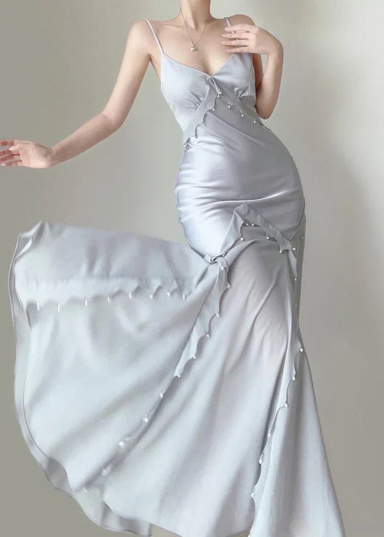 Silver Blue Vintage Fashion Elegant Exquisite Beading Mermaid Spaghetti Strap Satin Long Prom Gown Party Dress gh3684