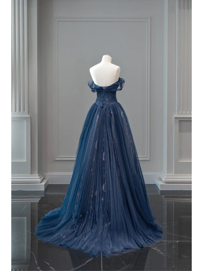 Pretty Ball Gown Off The Shoulder Navy Blue Tulle Long Prom Dresses Party Dress