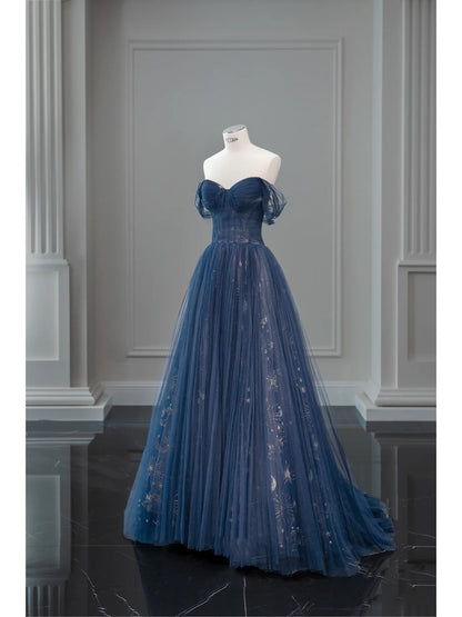 Pretty Ball Gown Off The Shoulder Navy Blue Tulle Long Prom Dresses Party Dress
