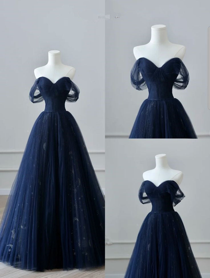 Pretty Ball Gown Off The Shoulder Navy Blue Tulle Long Prom Dresses Party Dress