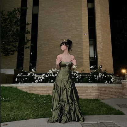 Retro Ball Gown Strapless Green Ruffles Satin Long Party Dress Prom Dresses