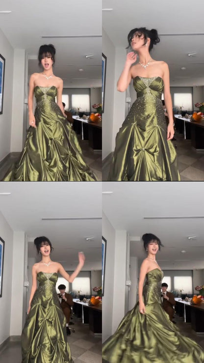 Retro Ball Gown Strapless Green Ruffles Satin Long Party Dress Prom Dresses