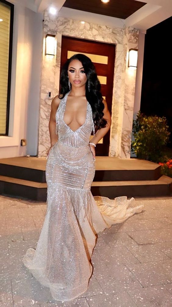 Sexy Mermaid V Neckline Sequin Black Girl Evening Gown Prom Dresses