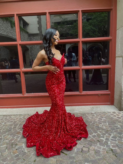 Sexy Mermaid Sweetheart Neckline Sequin Black Girl Red Evening Gown Prom Dresses