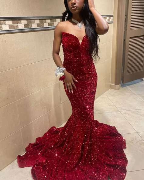 Sexy Mermaid Sweetheart Neckline Sequin Black Girl Red Evening Gown Prom Dresses