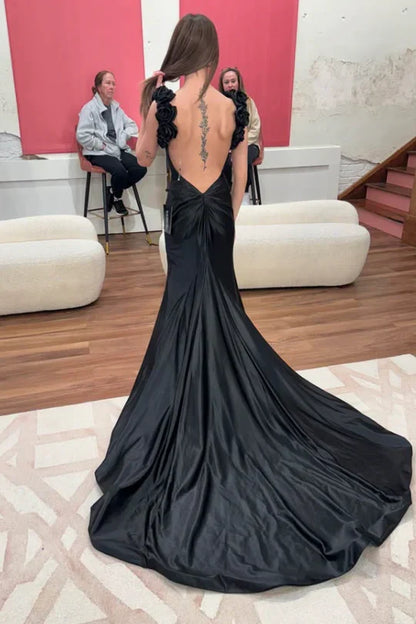 Sexy Mermaid Straps Neckline Pink Satin Backless Evening Gown Prom Dresses