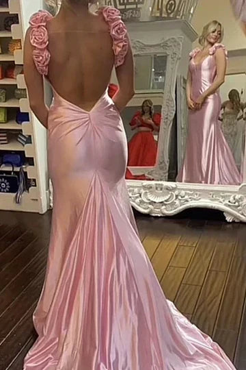 Sexy Mermaid Straps Neckline Pink Satin Backless Evening Gown Prom Dresses