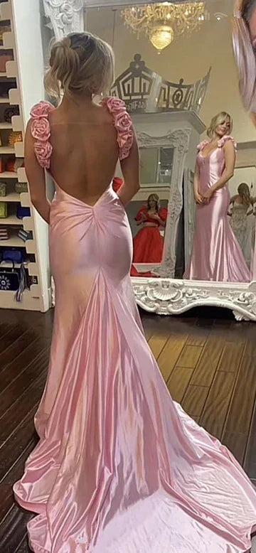 Sexy Mermaid Straps Neckline Pink Satin Backless Evening Gown Prom Dresses