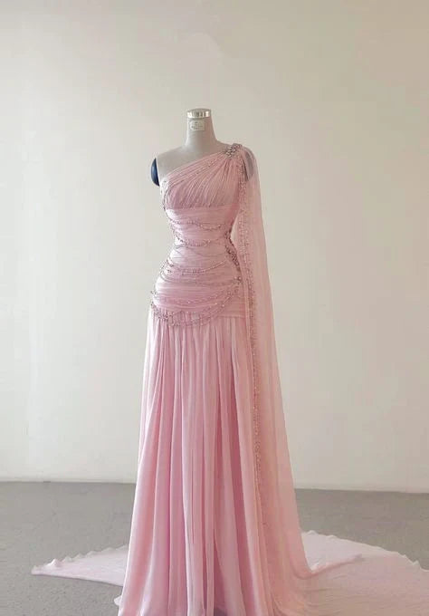 Vintage Glittering Beaded One-shoulder Prom Dress Evening Dress TP4331