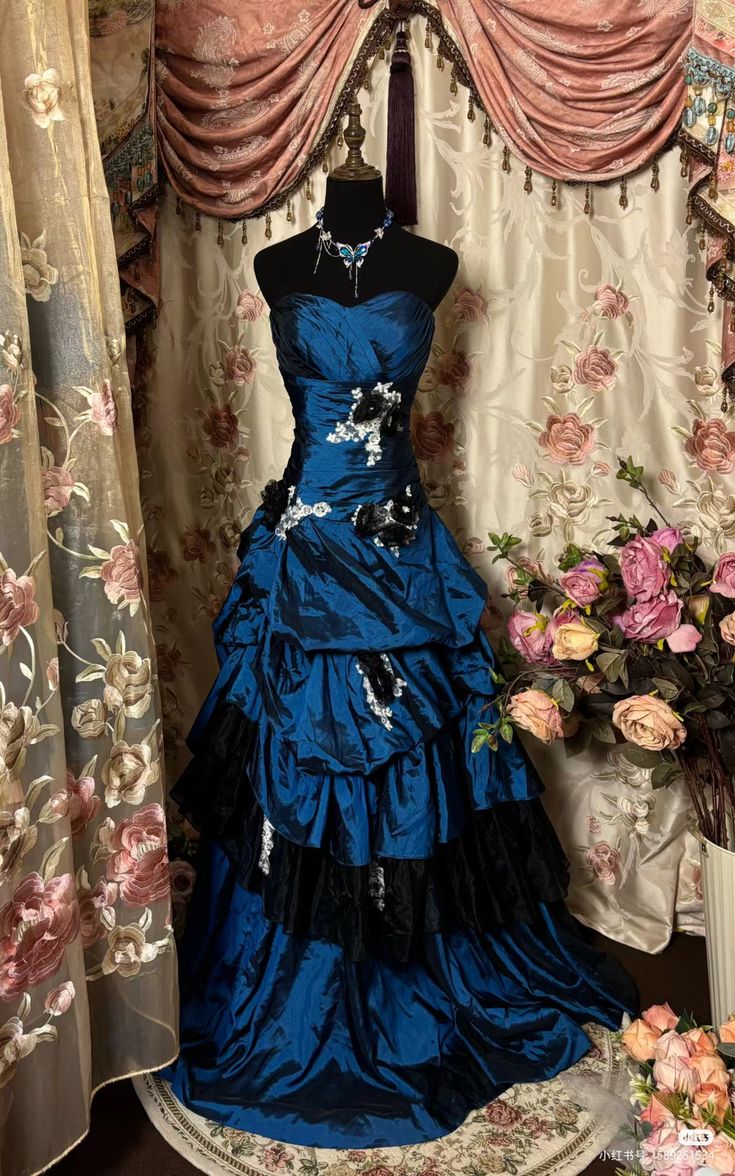 Retro Ball Gown Strapless Satin Navy Blue Long Party Dress Prom Dresses