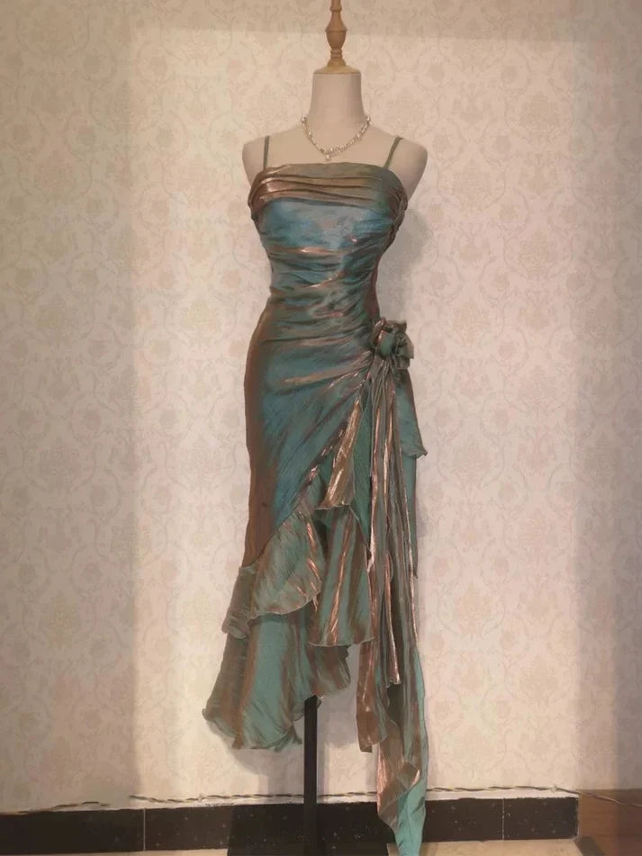 Vintage Elegant Spaghetti Strap Mermaid Ruffles Prom Dress Evening Dress TP4321