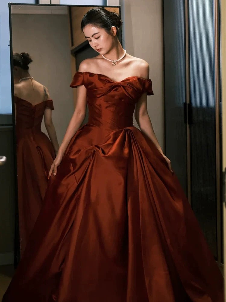 Sexy Ball Gown Off The Shoulder Satin Rust Red Floor Length Evening Dress Prom Dresses