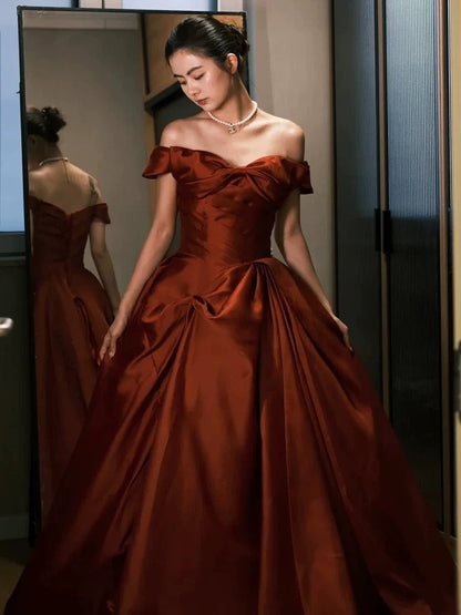 Sexy Ball Gown Off The Shoulder Satin Rust Red Floor Length Evening Dress Prom Dresses