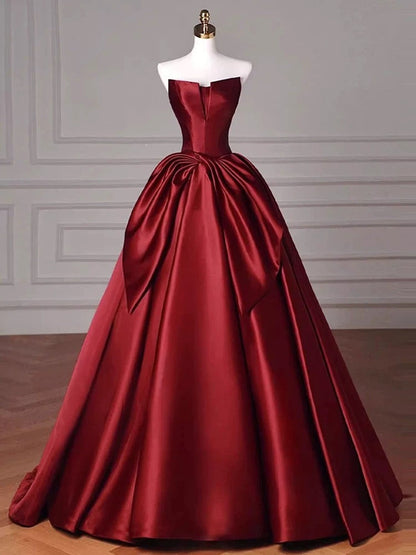 Modest Ball Gown Strapless Burgundy Satin Floor Length Evening Dress Prom Dresses