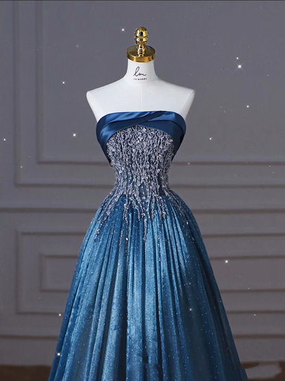 Retro Ball Gown Strapless Neckline Sequin Blue Party Dress Long Prom Dress Evening Dresses